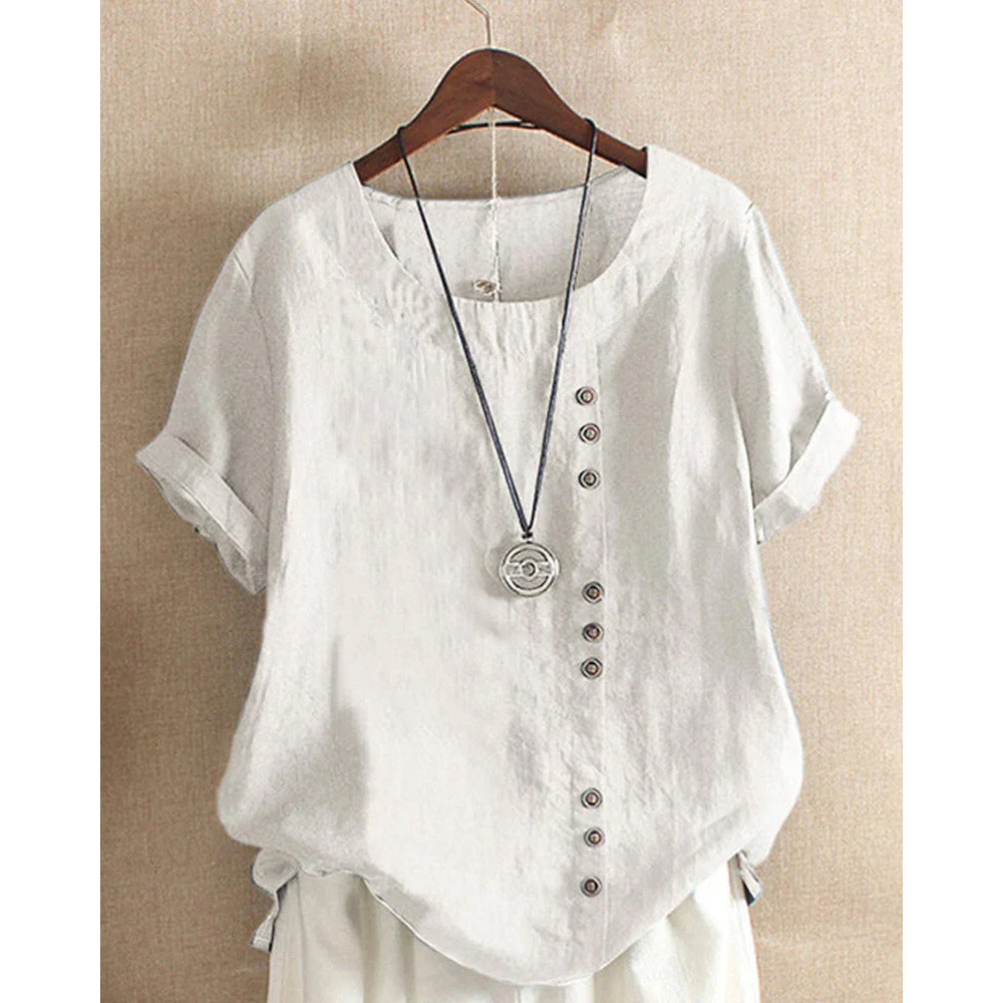 Laurenza - Camisa de manga corta para mujer con cuello redondo y color sólido