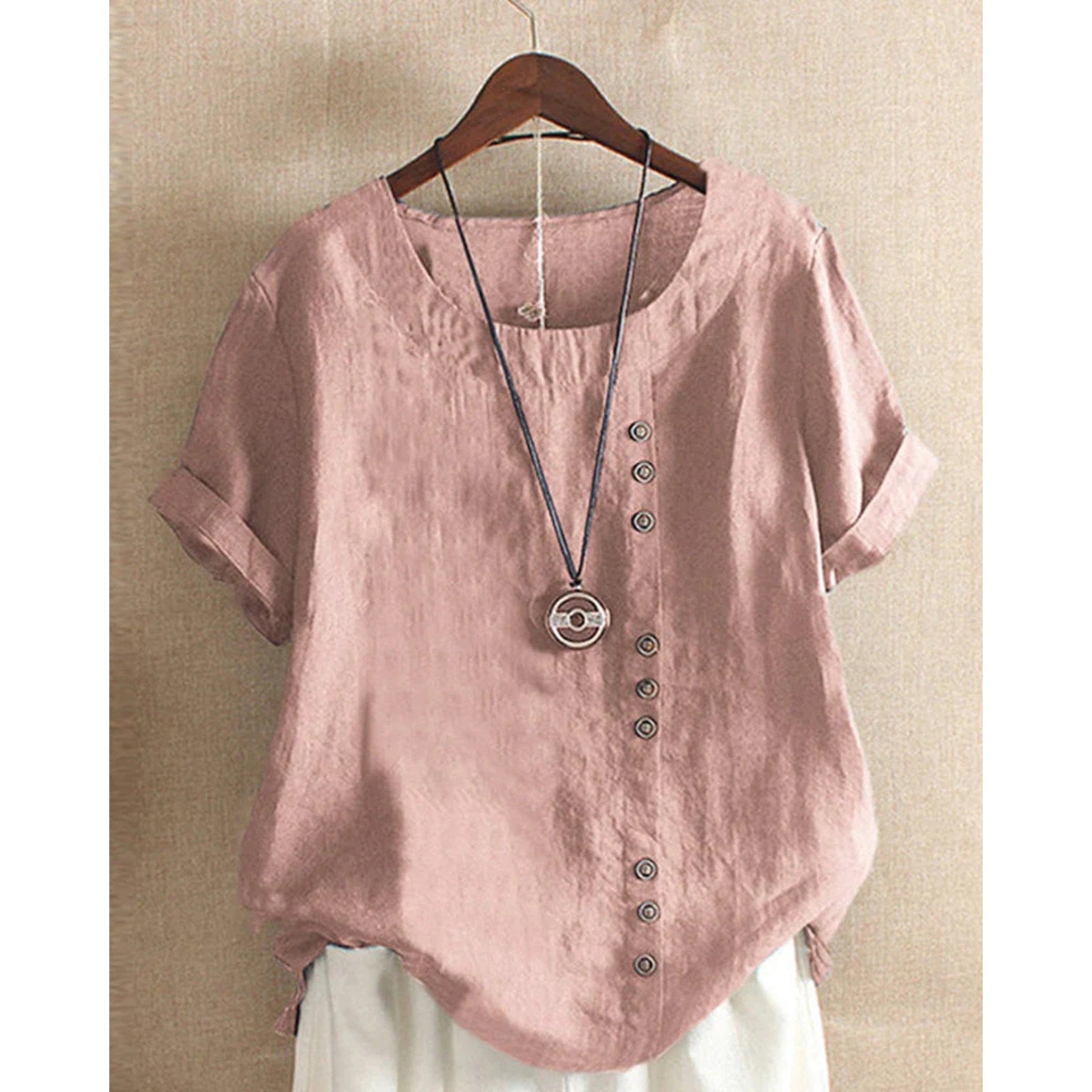 Laurenza - Camisa de manga corta para mujer con cuello redondo y color sólido
