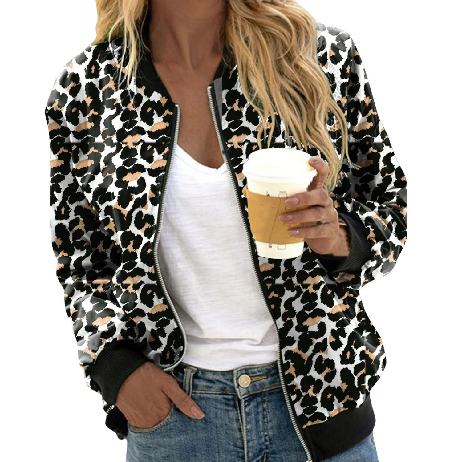 Kaelirra - Dámská bomber bunda s leopardím vzorem a zipem
