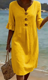 Elisane – Womens Cotton Linen Summer Button Dress