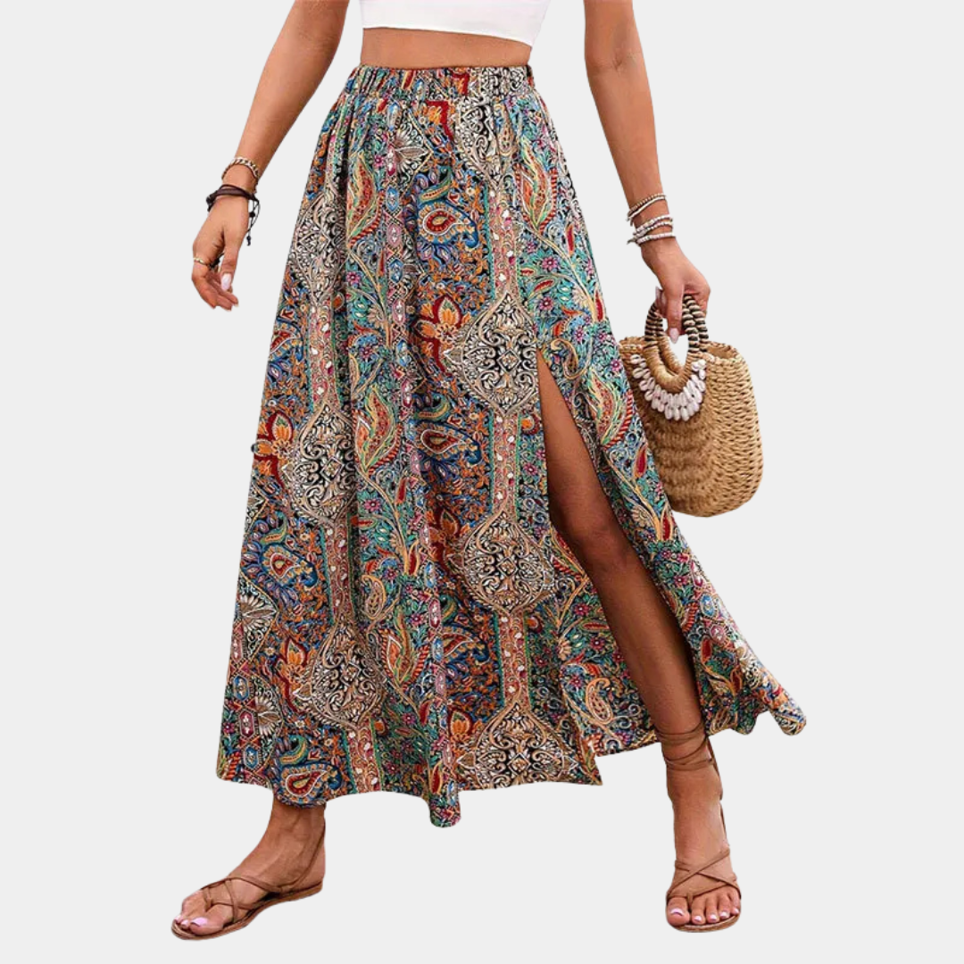 Melvara - Bohemeprint maxi-nederdel med elegant slids