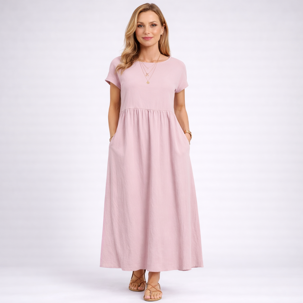 Elvina - Rochie maxi crem minimalistă cu buzunare