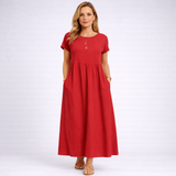 Elvina – Rochie maxi minimalistă crem cu buzunare