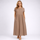 Elvina – Rochie maxi minimalistă crem cu buzunare