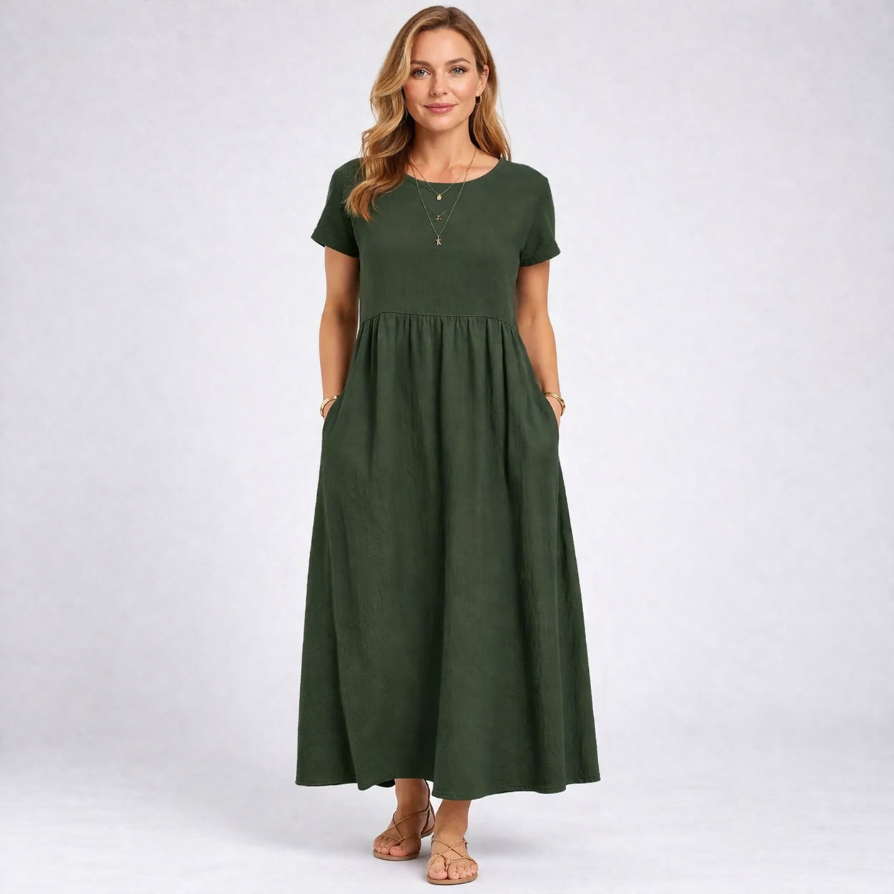 Elvina - Rochie maxi crem minimalistă cu buzunare