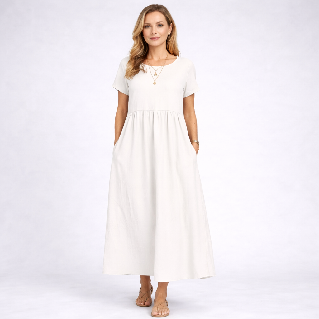 Elvina - Rochie maxi crem minimalistă cu buzunare