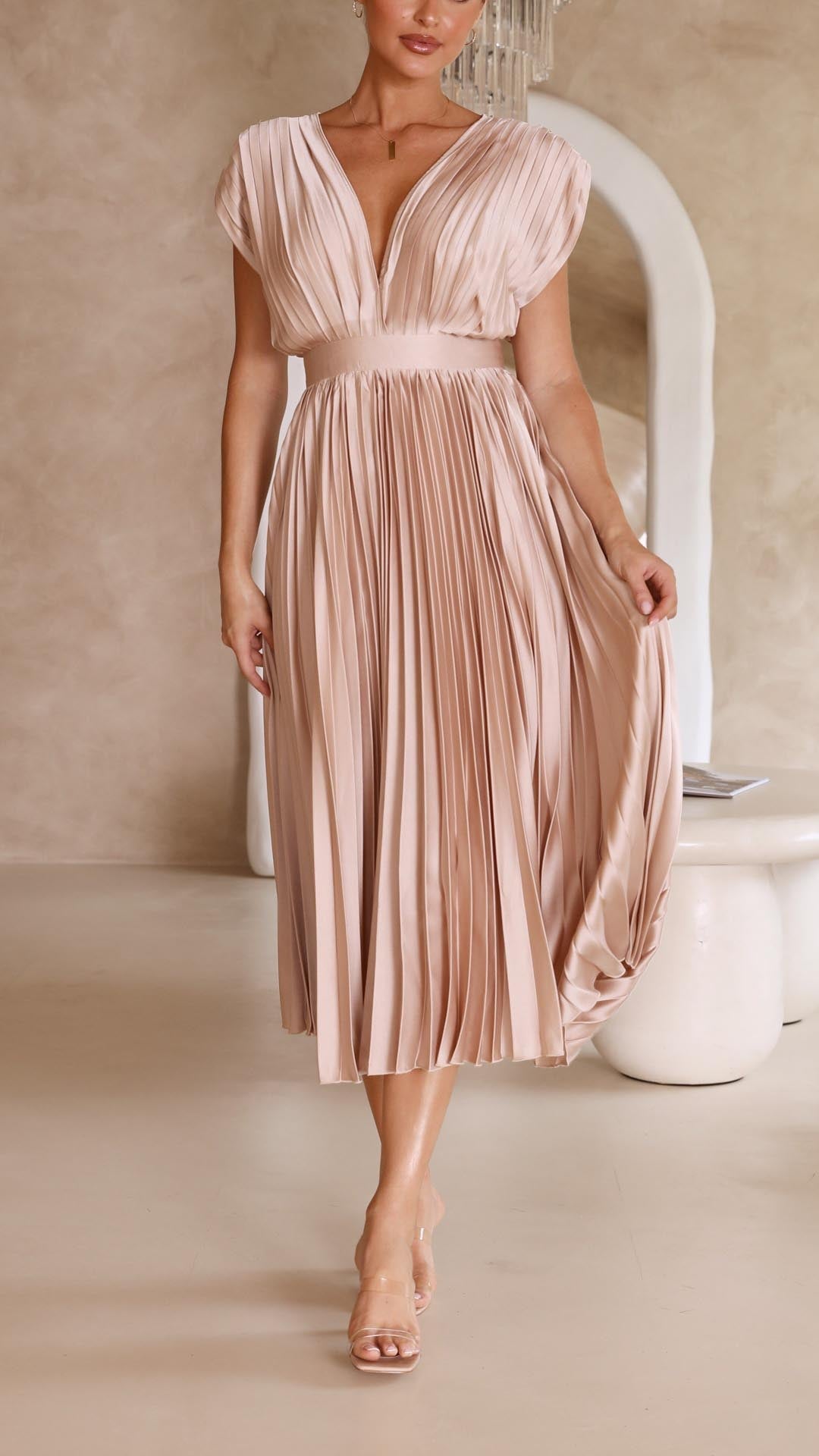 Audrelia – Redős midi ruha mély V-nyakkal, elegáns