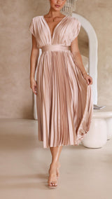 Audrelia – Faltenrock Midikleid mit tiefem V-Ausschnitt Elegant