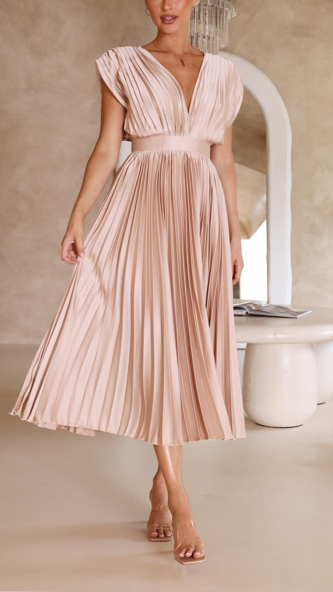 Audrelia – Redős midi ruha mély V-nyakkal, elegáns