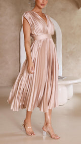 Audrelia – Faltenrock Midikleid mit tiefem V-Ausschnitt Elegant