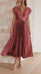 Audrelia – Faltenrock Midikleid mit tiefem V-Ausschnitt Elegant