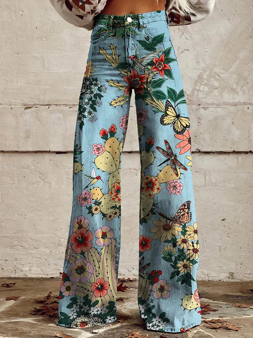 Virexa - Womens Wide Leg Trousers With Vintage Print