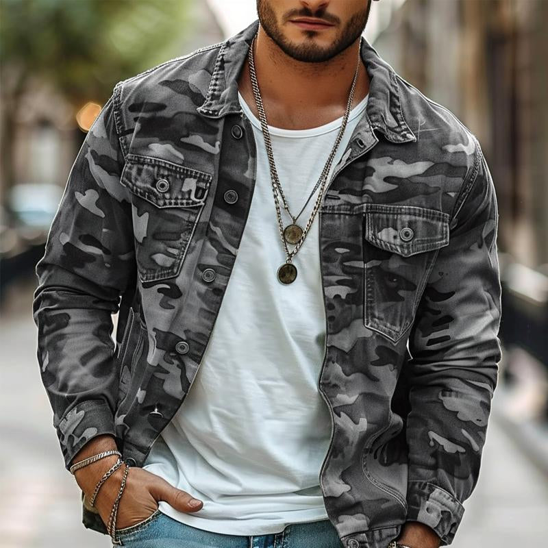 Men's retro jacket with camouflage pattern | Canvas lapels
