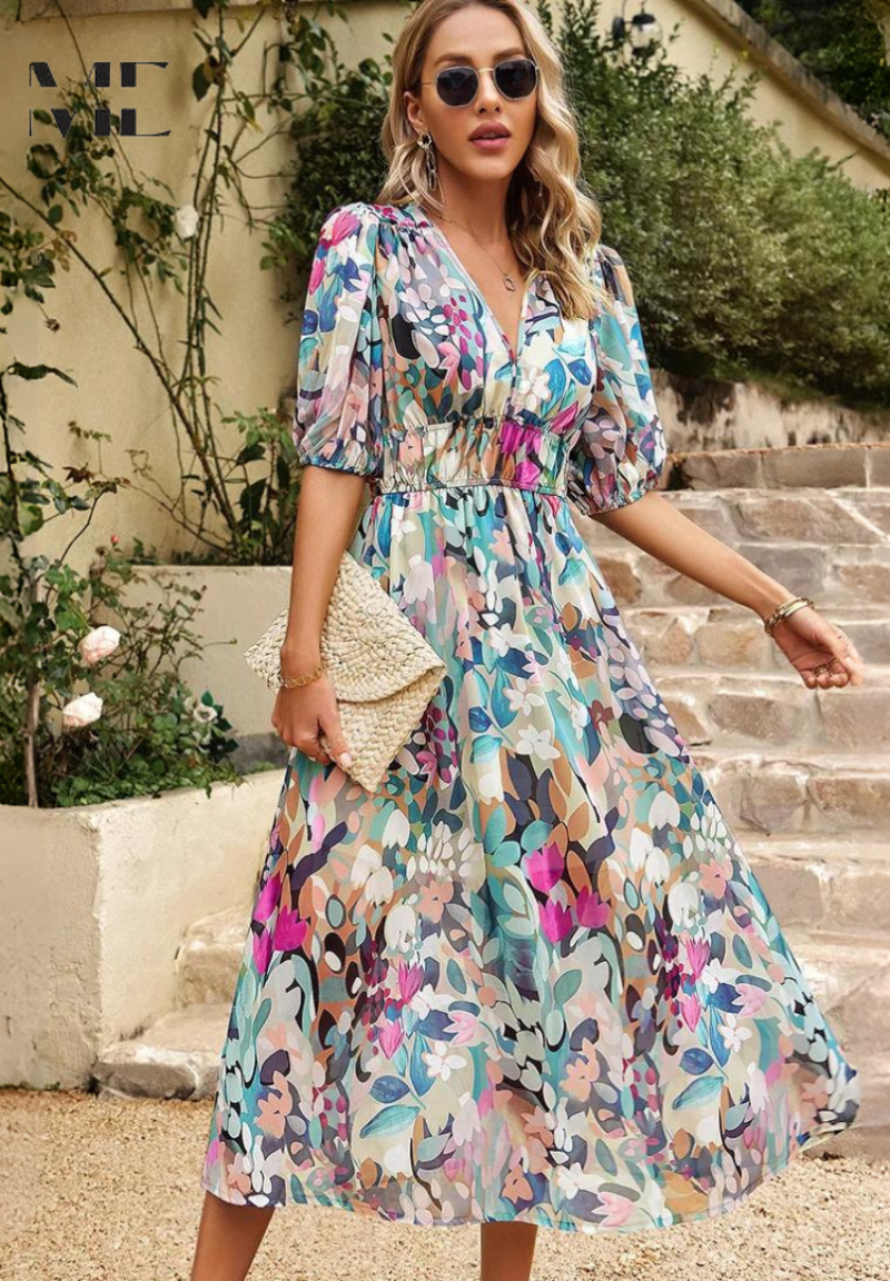 Bellara – Vestido midi floral con escote en V para invitada de boda