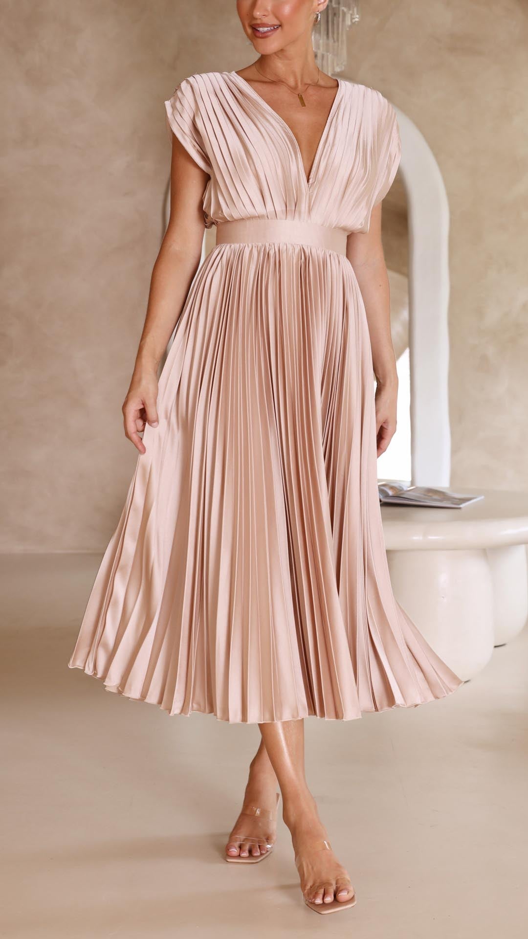 Charlotte – Vestido midi plisado con escote en V para invitada de boda