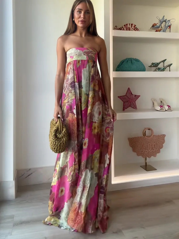 Ivy - Robe longue fleurie sans bretelles pour invitée de mariage