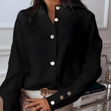 Esmira – Elegante Damenbluse mit Stehkragen und goldenen Knopfdetails