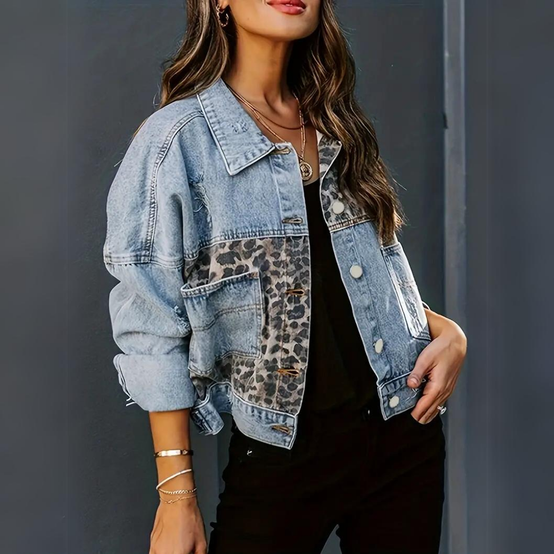 Yves - Dame Denimjakke med Leopardprint
