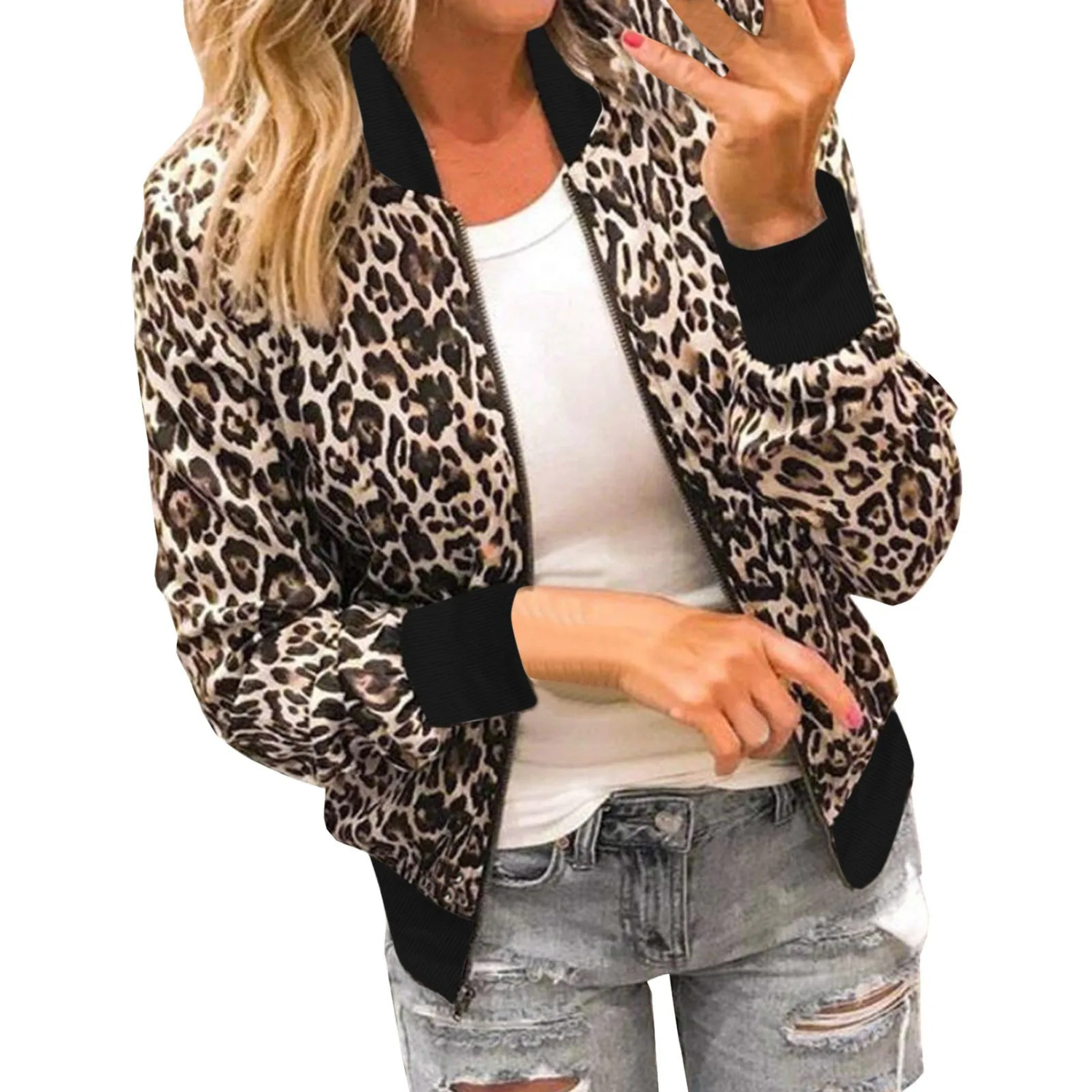 Kaelirra - Dámská bomber bunda s leopardím vzorem a zipem