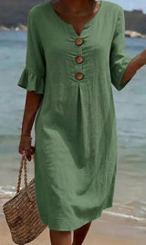 Elisane – Womens Cotton Linen Summer Button Dress