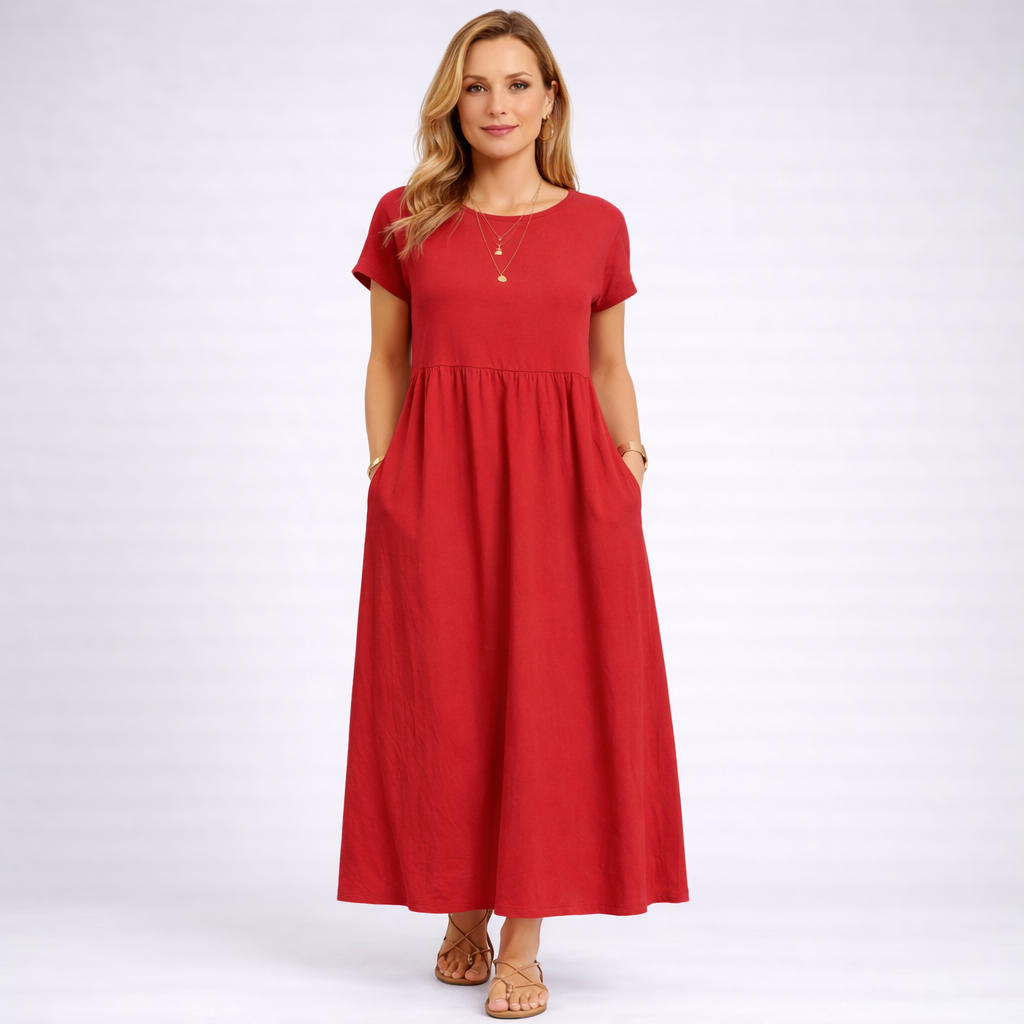 Elvina - Rochie maxi crem minimalistă cu buzunare