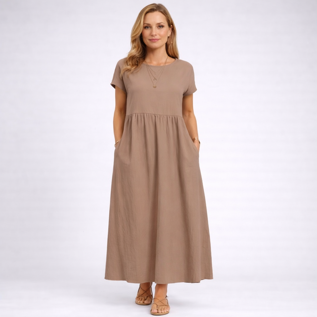 Elvina - Rochie maxi crem minimalistă cu buzunare