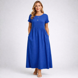 Elvina – Rochie maxi minimalistă crem cu buzunare