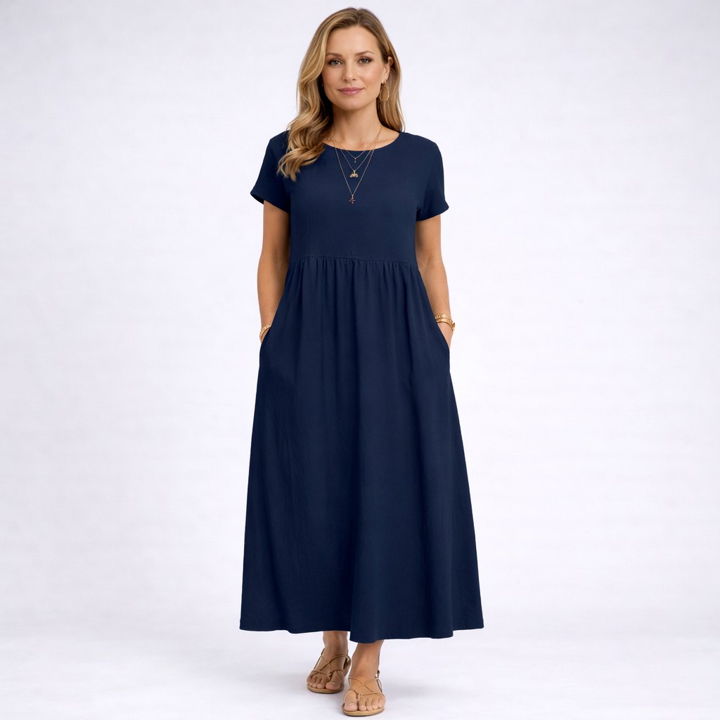 Elvina - Rochie maxi crem minimalistă cu buzunare