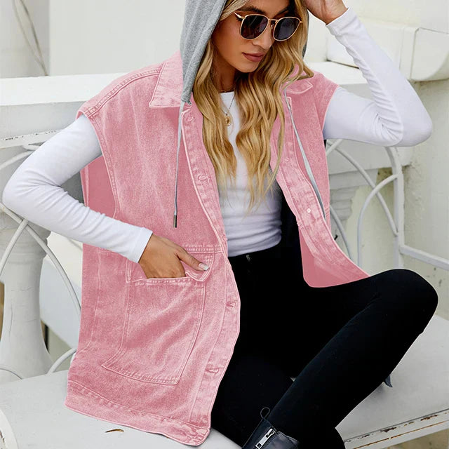 Kyverra - Womens Hooded Denim Waistcoat With Distressed Look