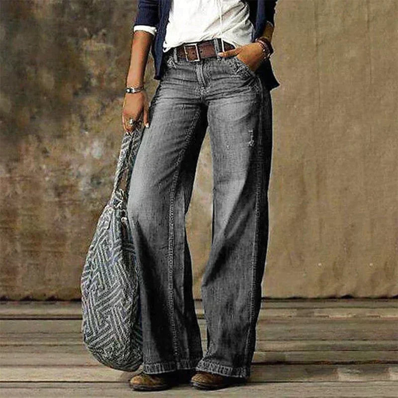 Damen-Jeans - Hoch taillierte Denim-Hose mit weitem Bein