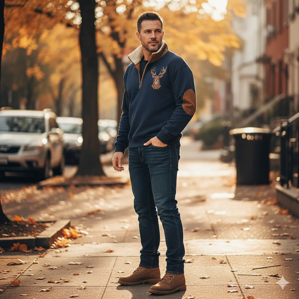 Men's Sweater with Deer Detail | Half Zip