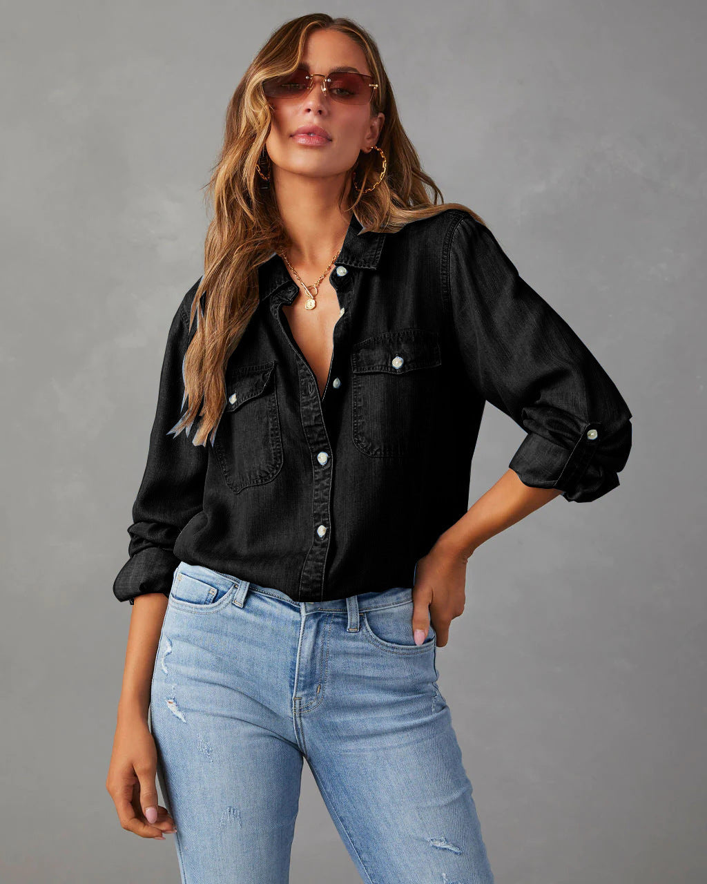 Elvarra – Women’s Denim Shirt With Chest Pockets