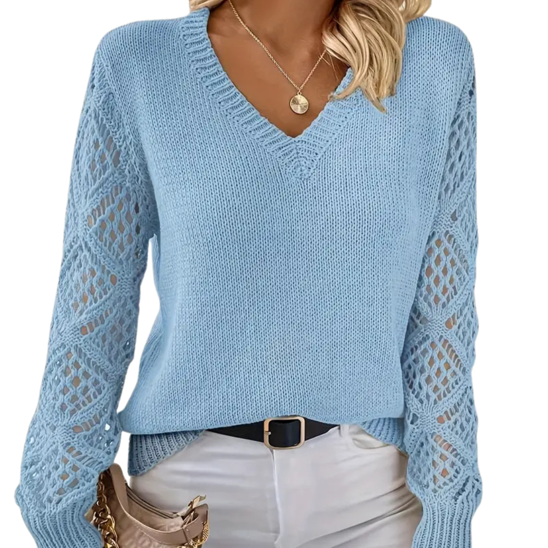 Oliva – Kvinders V-hals sweater med hæklet ærme