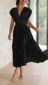 Audrelia – Faltenrock Midikleid mit tiefem V-Ausschnitt Elegant