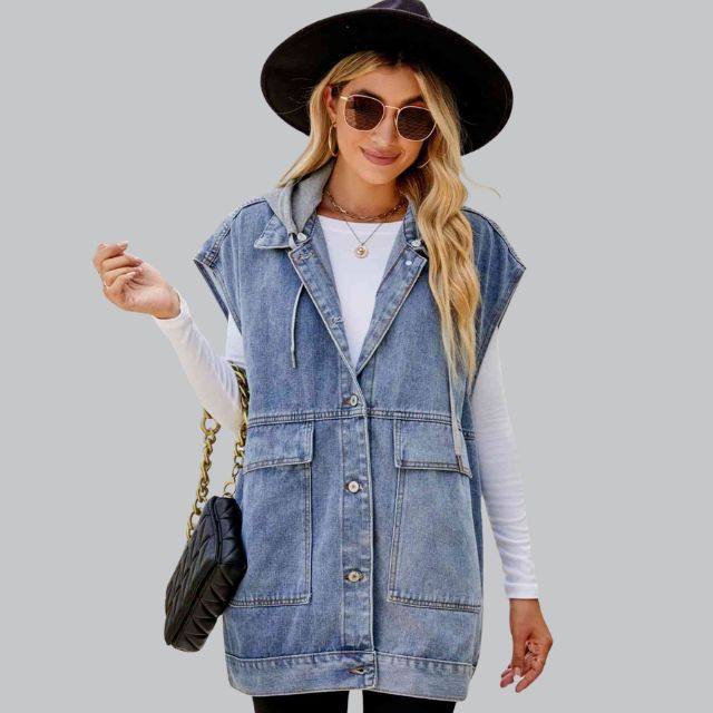 Kyverra - Womens Hooded Denim Waistcoat With Distressed Look