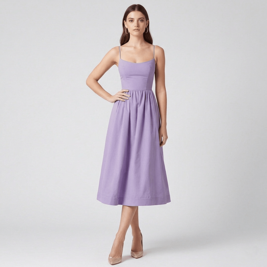 Barbra - Robe midi lilas à décolleté cœur et jupe ample