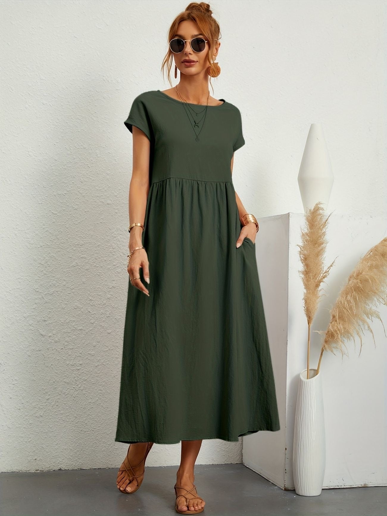 Neline – Dámske voľné midi šaty s vreckami a krátkym rukávom