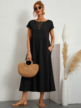 Neline – Women's Loose Midi Pocket Dress Short Sleeve