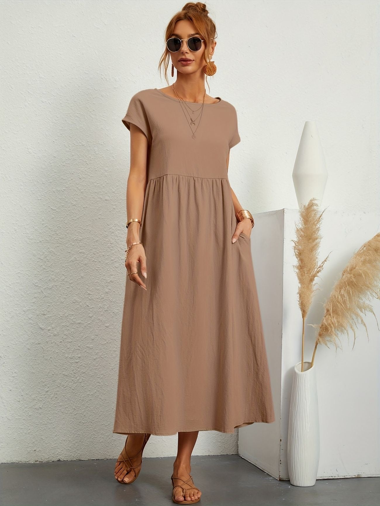 Neline – Női laza midi zsebes ruha rövid ujjú