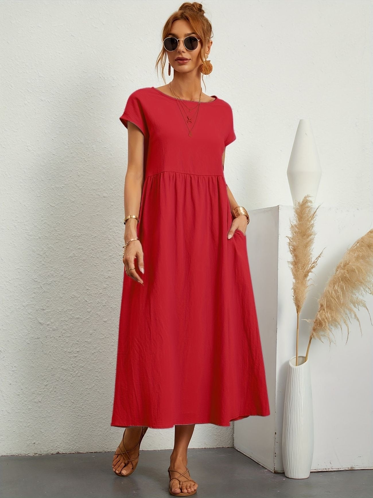 Neline – Női laza midi zsebes ruha rövid ujjú
